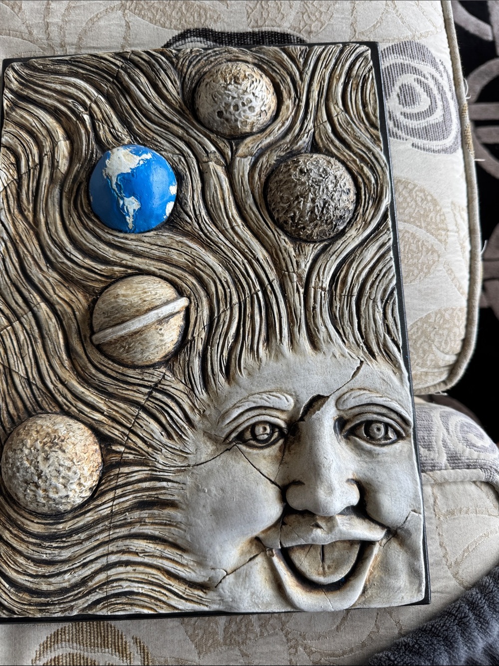 Celestial Face Wall Art Panel in Cream and Blue